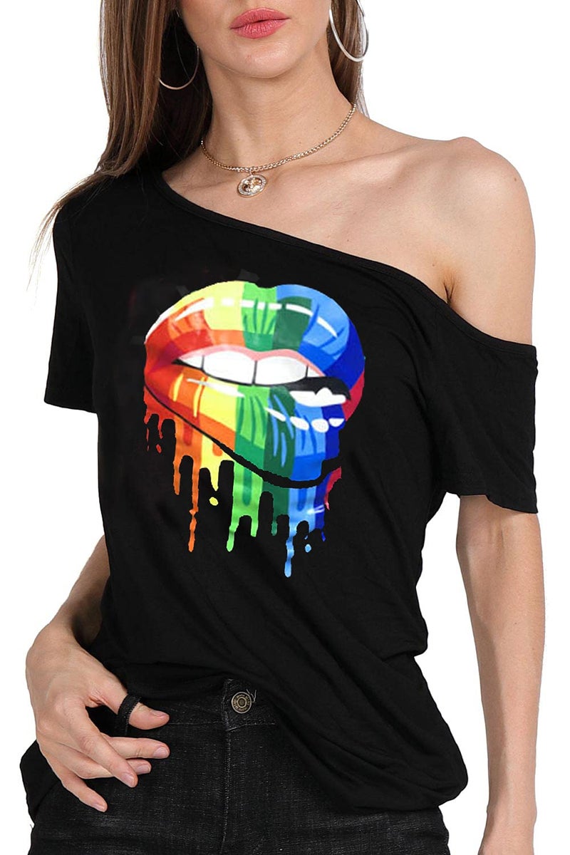 MAGICMK Womenâ€™s Short Lips Print Causal Off The Shoulder Plus Size T-Shirt Tops (Black+XXMOUTH, M) - Image 2